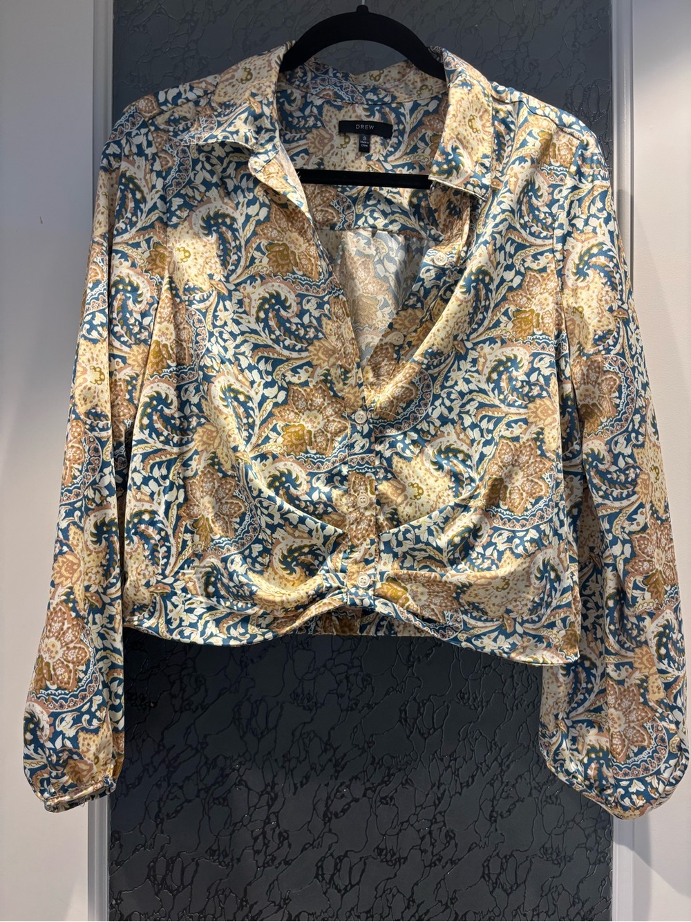 DREW Blue, Cream & Tan Paisley Twist-Front Button Down Shirt